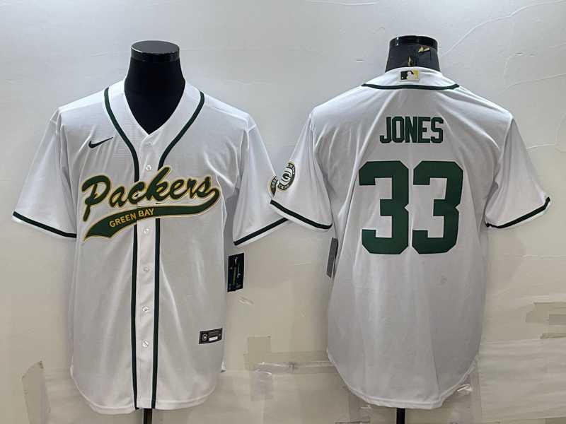 Mens Green Bay Packers #33 Aaron Jones White With Patch Cool Base Stitched Baseball Jersey